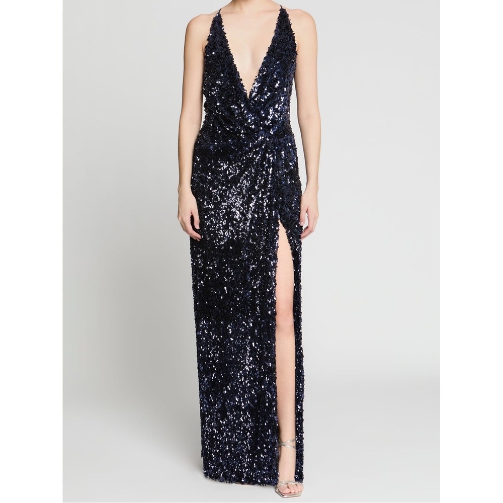 Halston Heritage Katri Navy Sequin Plunge High Slit Evening Gown Size 4 NWT